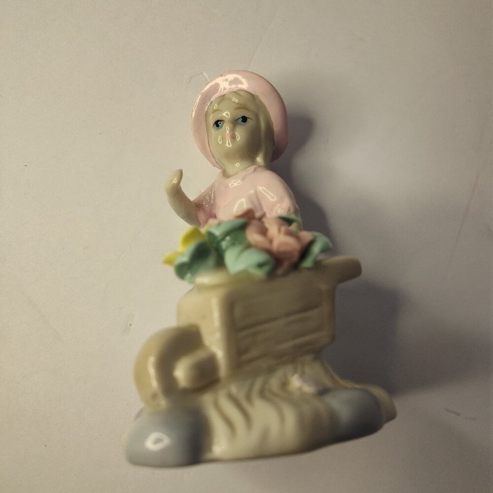 Vintage Lady Pushing Wheel Barrel of Flowers Knick Knack